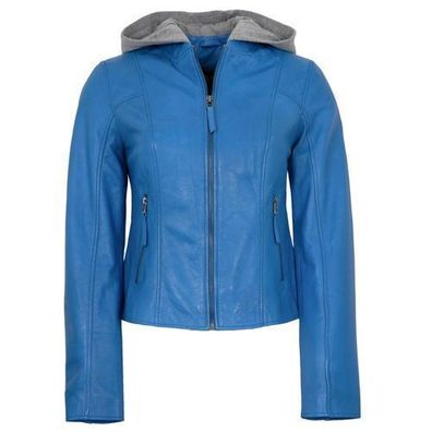 Jilani Collection - Damen Lederjacke Lammnappa Kapuze blau