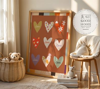 Poster Kinderzimmer Herzen · Love Design mit Blumen & Mustern · Warme Farben