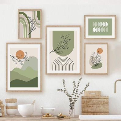 Poster Blätter Boho Geometrische Formen Grün | Bilder Wohnzimmer | Wandbilder