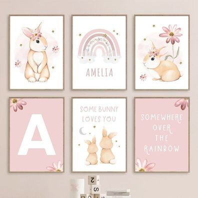 Poster Kinderzimmer Regenbogen Hase Name Personalisiert Rosa · Kinderzimmer B