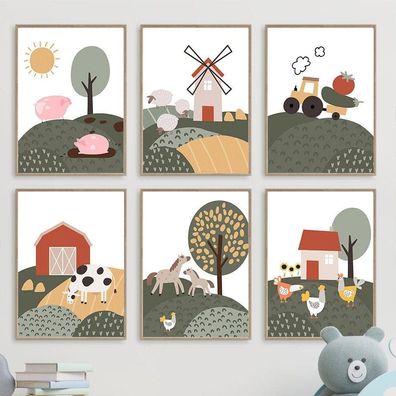 Poster Kinderzimmer Bauernhof Bauer Tiere Kuh Schwein Pferd Hahn · Kinderzimm