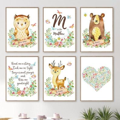 Poster Kinderzimmer Tiere Eule Bär Reh · Name Personalisiert · Kinderzimmer B