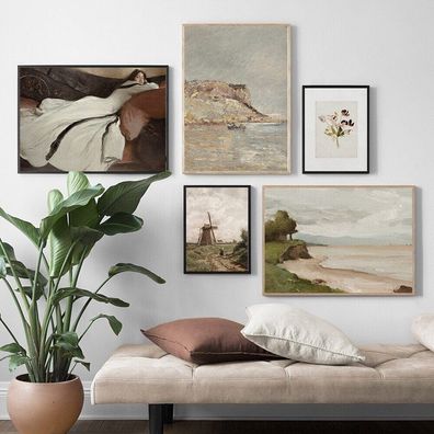 Poster Vintage Elegante Dame Meeres Küste und Windmühle als Deko Print ohne R