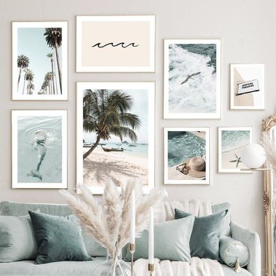 Poster Strand Wellen Meer Palmen Delfin Sonnenbrille Hut · Wandbilder Wohnzim