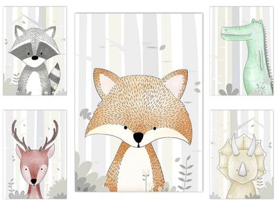 Poster Kinderzimmer Dinosaurier und Tiere Bilder Fuchs Reh T-Rex und Tricerat