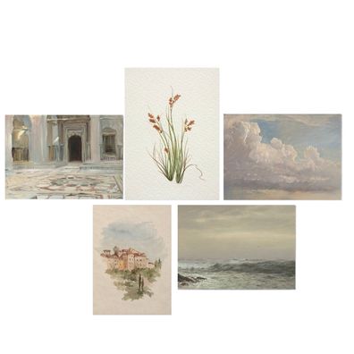 Poster Aquarell Marokkanische Architektur Meeresküste Wolken und Pflanze als