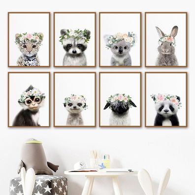 Poster Kinder Tiere mit Blumenkranz Hase Panda und Koala Bär als Deko Print o