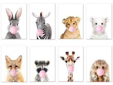Poster Kinder Tiere mit rosa Kaugummi Giraffe Hase Igel Fuchs und Zebra als D