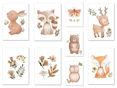 Poster Kinder Tiere Schmetterling Fuchs Eule Blumen Hase Reh und Bär als Deko