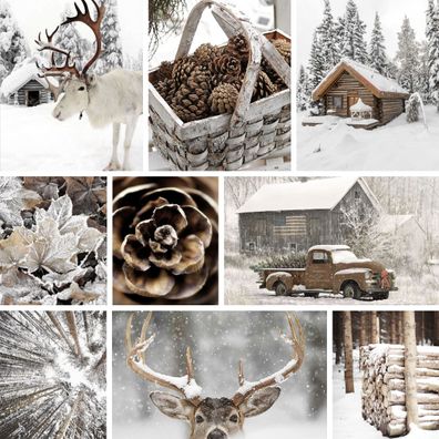 Poster Winter Holz Hütte im Schnee Rentier Tannenzapfen · Bilder Wohnzimmer