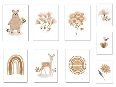Poster Kinder süße Tiere im Boho Stil Bär Reh Regenbogen Vogel und Blume als