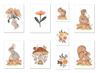 Poster Kinder süße Tiere im Boho Stil Bär Eichhörnchen Schnecke Pilzhaus und