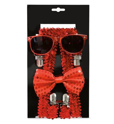 narrenwelt Pailletten Set KÖLN 3-teilig - Hosenträger + Brille + Schleife rot Style