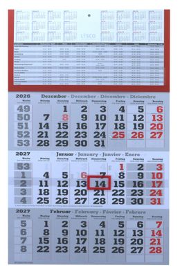 Gefaltet 3 Monats Wandkalender 2027 mit Datumschieber in Rot, inkl. Ferienübersichten