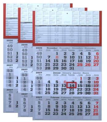 3 Stück Plano 3 Monats Wandkalender 2027 mit Datumschieber in Rot, inkl