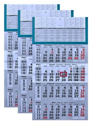 3 Stück - 4 Monats Wandkalender 2027 mit Datumsschieber in Rot, inkl