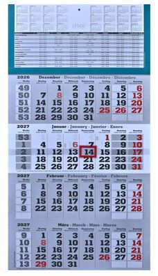 4 Monats Wandkalender 2027 mit Datumsschieber in Rot, inkl. Ferienübersichten und