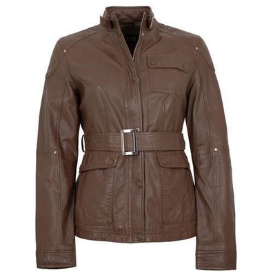 Jilani - Damen Lederjacke Gürtel Lammnappa dunkelbraun