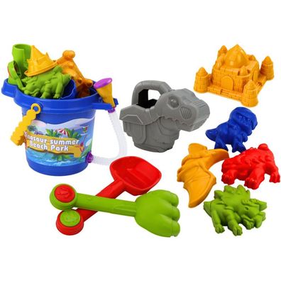 LeanToys Sandspielzeug Set mit Eimer, Gießkanne, Schaufel, Rechen und Dino Förmchen