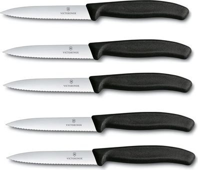6x Swiss Classic, Gemüsemesser, 10cm, Wellen, schwarz