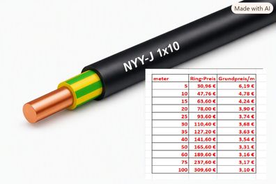 NYY-J 1x10 Erkabel Stromkabel Fachhandelsqualität