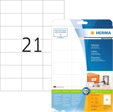 HERMA 8634 Adressetiketten, 10 Blatt, 70 x 42,3 mm, 21 pro A4 Bogen, 210 Stück, selbs