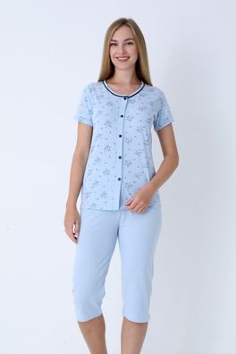 Damen Pyjama Set Capri-Hose Schlafanzug Kurzarm Blumen Knopfleiste L-3XL