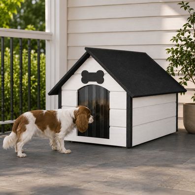 QLS Hundehütte 81x68 cm Größe L isoliert aus Holz für draußen Weiß-Schwarz 9117