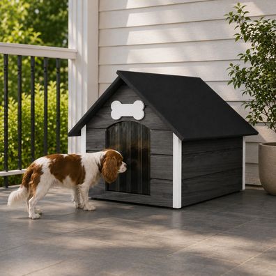 QLS Hundehütte 81x68 cm Größe L isoliert aus Holz für draußen Grau-Weiß 9118