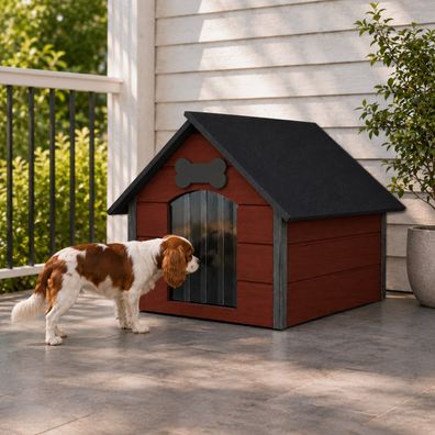 QLS Hundehütte 81x68 cm Größe L isoliert aus Holz für draußen Braun-Anthrazit 9122