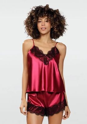 Damen Pyjama Set Satin Schlafanzug Spaghetti Träger Negligé Spitze Sexy S-2XL