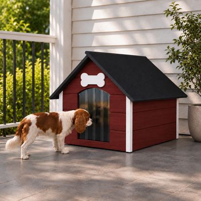 QLS Hundehütte 81x68 cm Größe L isoliert aus Holz für draußen Rot-Weiß 9123