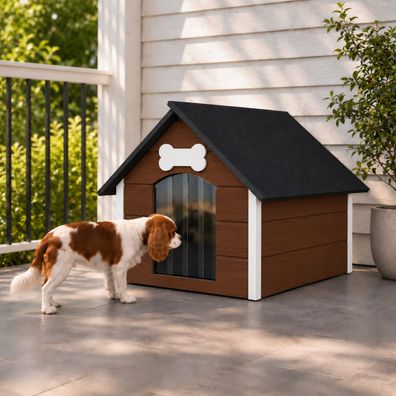 QLS Hundehütte 81x68 cm Größe L isoliert aus Holz für draußen Braun-Weiß 9124
