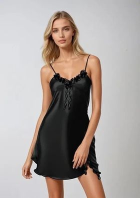 Damen Nachthemd Satin Sleepshirt Negligé Spaghetti Träger Schwarz/Rot Sexy S-XL