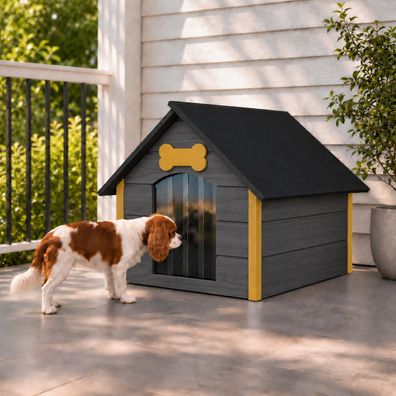 QLS Hundehütte 81x68 cm Größe L isoliert aus Holz für draußen Grau-Honig 9126
