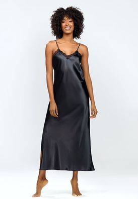 Damen Nachthemd Satin Sleepshirt Lang Schwarz Spitze Sexy Nachtwäsche S-XL