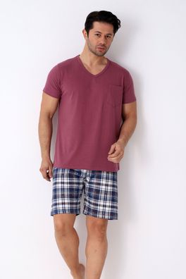 Herren Schlafanzug Kurz Sommer Pyjama Set Kariert 100% Baumwolle Shorty L-3XL