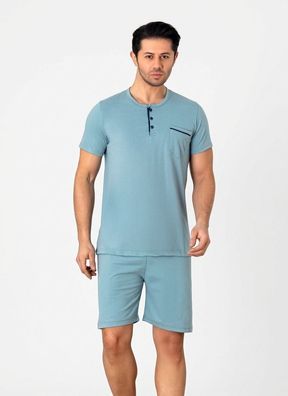 Herren Schlafanzug Pyjama Set Kurzarm Kurz Blau Baumwolle M-3XL