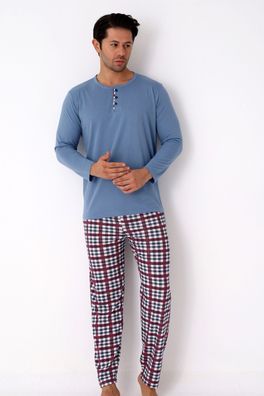 Herren Pyjama Set Schlafanzug Baumwolle Langarmshirt Knopfleiste Karo Hose L-3XL
