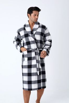 Herren Fleece Bademantel Kariert in Schwarz und Weiß - Warm und Bequem L-2XL