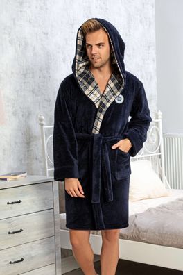 Herren Bademantel Fleece Kapuze Warm Kariert Futter Marineblau S-XL