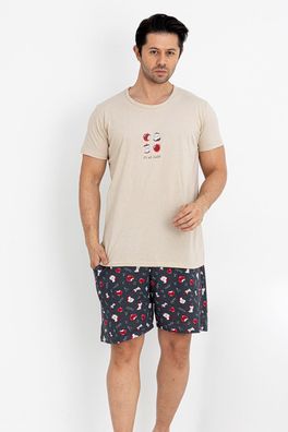 Herren Pyjama Set Schlafanzug Kurz Shorts Apfel-Muster 100% Baumwolle L-3XL