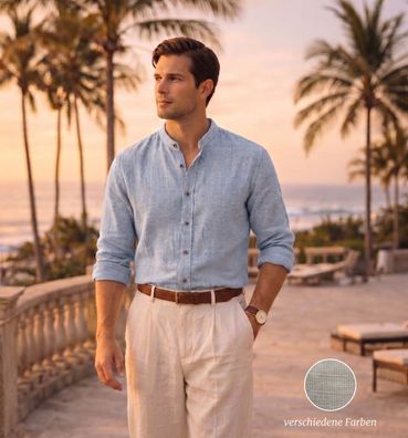 Herren Hemd Stehkragen Comfort Fit Leinen-Optik 100% Baumwolle Sommer M-XXL