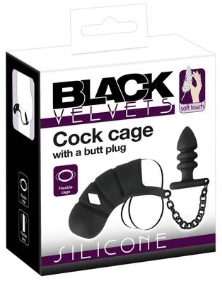 Black Velvets Cock Cage mit Hodenring und Analplug