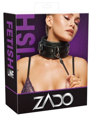 ZADO Leder Halsfessel & Leine Set Schwarz 8 cm breit mit Schloss und Schlüssel
