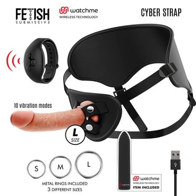 Fetish Submissive Cyber Strap Harness mit Dildo und Watchme-Fernbedienung