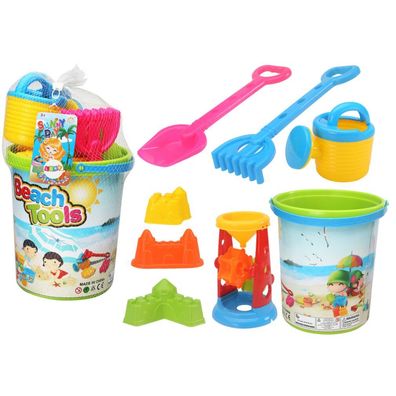 LeanToys Sandspielzeug Set mit Eimer, Mühle, Gießkanne und Förmchen, bunt