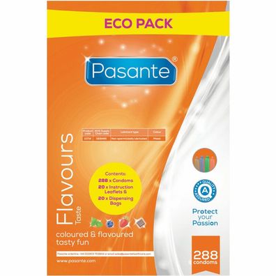 Pasante Kondome ECO Pack Aromen 288 Stück Schokolade Minze Blaubeere Erdbeere