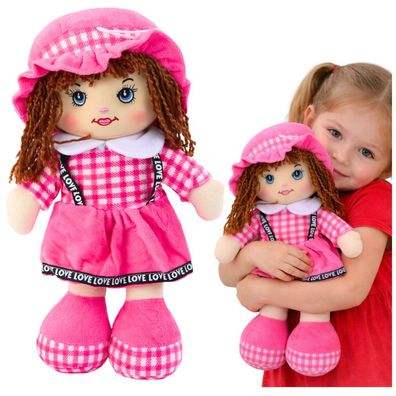 Stoffpuppe, Kuscheltier, kariertes Kleid, rosa, 35 cm