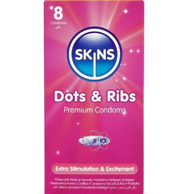 Skins Dots &amp; Ribs Kondome mit Noppen und Rillen 8er-Pack